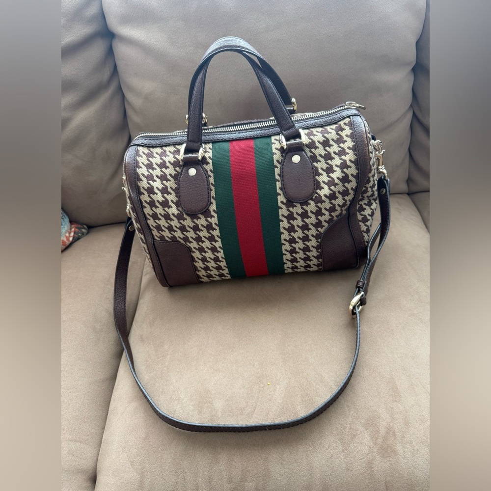 Gucci Leather Brown Fabric 'Seventies' Web Joy Boston Bag W/ Shoulder Strap